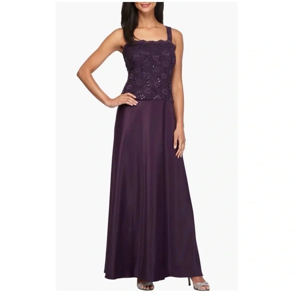 New Alex Evenings Sequin Lace Satin Gown Maxi Dress Square Neck Purple Eggplant